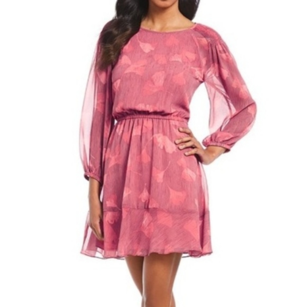 Halston Pintucked Georgette Blouson Ginko Dress Bracelet Sleeve Flounce SzL Pink